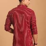 VASTRAMAY Striped Mandarin Collar Cotton Straight Kurta