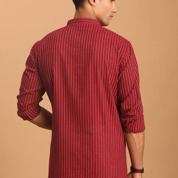 VASTRAMAY Striped Mandarin Collar Cotton Straight Kurta