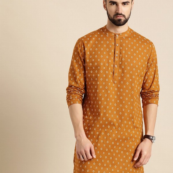 Anouk Men Mustard Yellow & White Geometric Printed Kurta