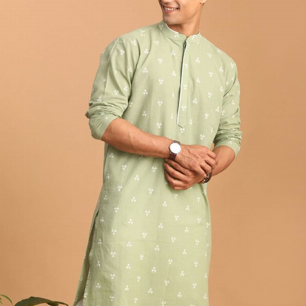 VASTRAMAY Geometric Woven Design Jacquard Cotton Sustainable Kurta
