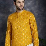 Anouk Mustard Yellow Ethnic Motifs Printed Band Collar Straight Kurta