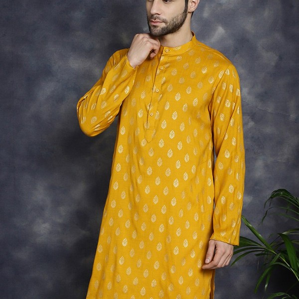Anouk Mustard Yellow Ethnic Motifs Printed Band Collar Straight Kurta