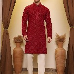 House of Pataudi Ethnic Motif Embroidered Mandarin Collar Round Neck Sequins Kurta