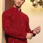 House of Pataudi Ethnic Motif Embroidered Mandarin Collar Round Neck Sequins Kurta