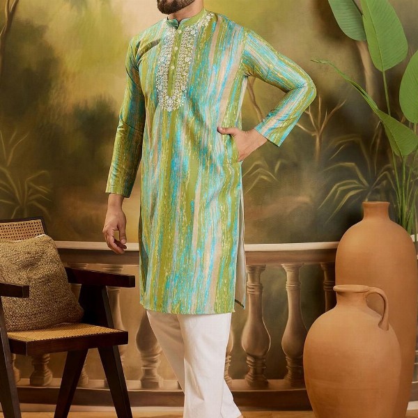 Sangria Men Abstract Printed Festive Silk Straight Kurta