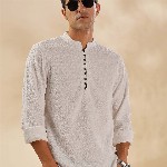HERE&NOW Geometric Woven Design Thread Work Mandarin Collar Straight Short Kurta