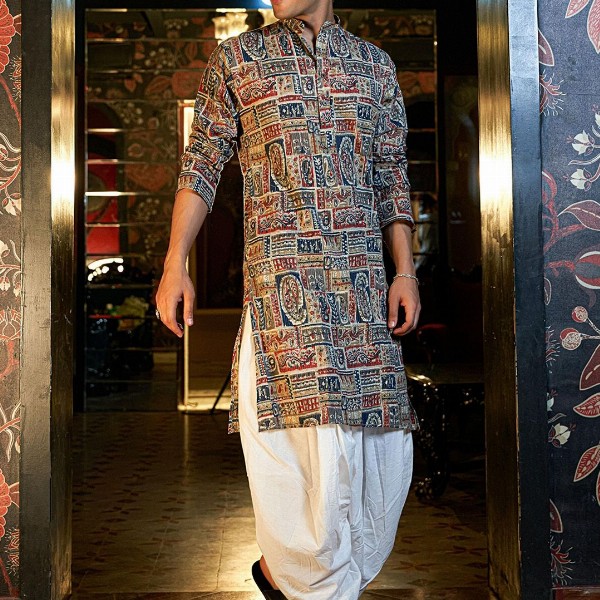 Shasak Ethnic Motifs Printed Kantha Work Mandarin Collar Straight Kurta