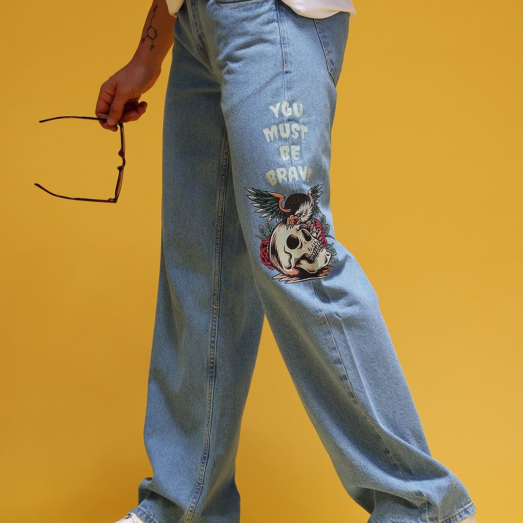 HERE&NOW Men Graphic Print Mid-Rise Pure Cotton Baggy Fit Jeans