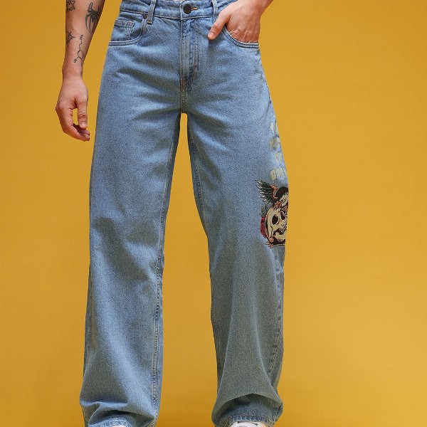 HERE&NOW Men Graphic Print Mid-Rise Pure Cotton Baggy Fit Jeans
