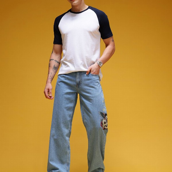 HERE&NOW Men Graphic Print Mid-Rise Pure Cotton Baggy Fit Jeans