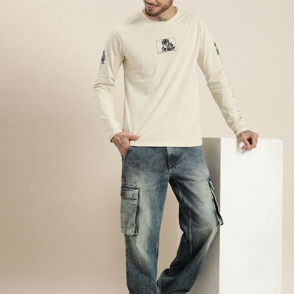 HERE&NOW Men Relaxed Cargo Pure Cotton Heavy Fade Jeans