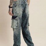 HERE&NOW Men Relaxed Cargo Pure Cotton Heavy Fade Jeans