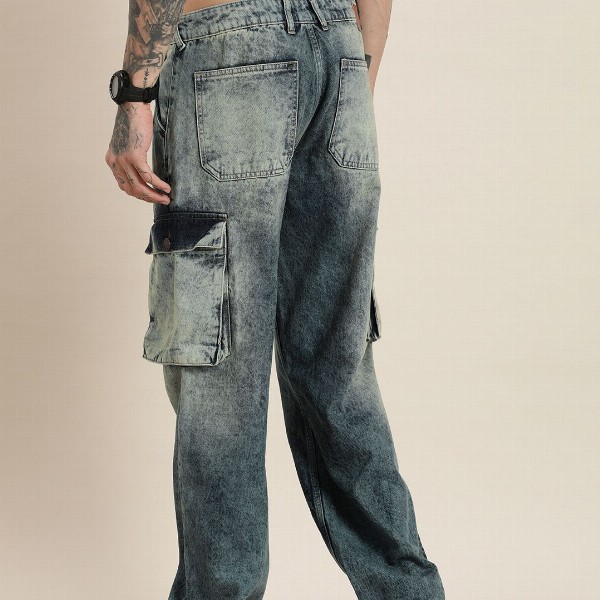 HERE&NOW Men Relaxed Cargo Pure Cotton Heavy Fade Jeans
