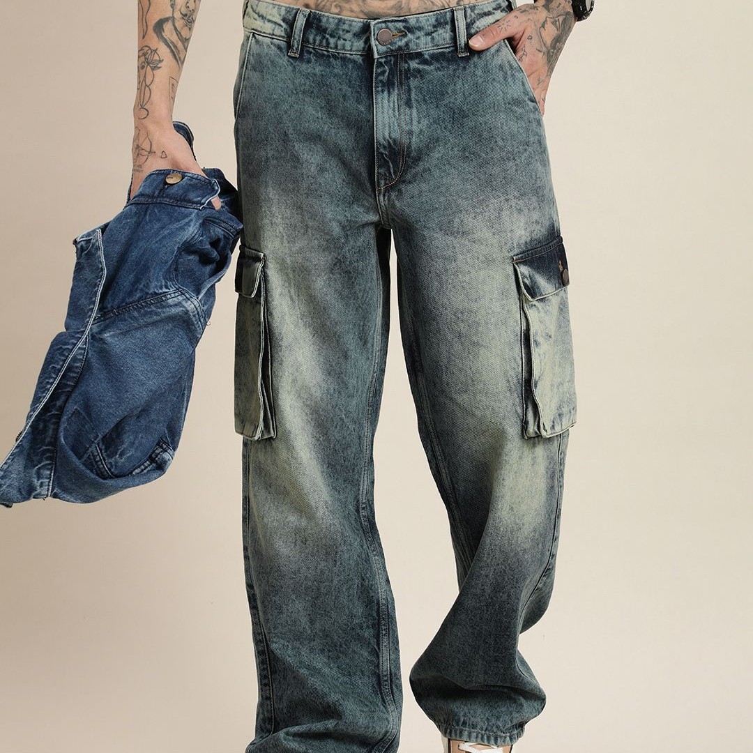 HERE&NOW Men Relaxed Cargo Pure Cotton Heavy Fade Jeans