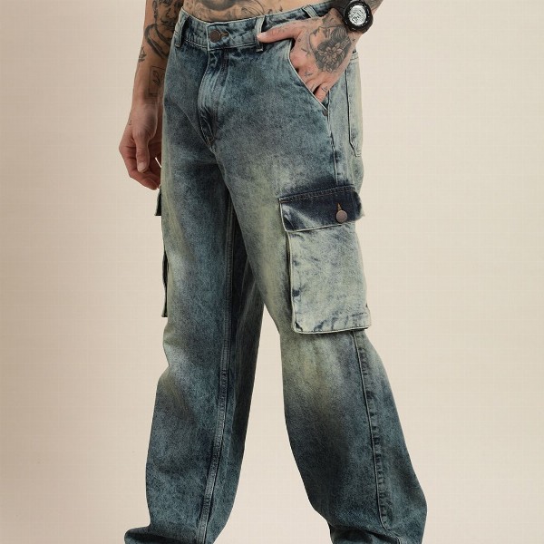 HERE&NOW Men Relaxed Cargo Pure Cotton Heavy Fade Jeans