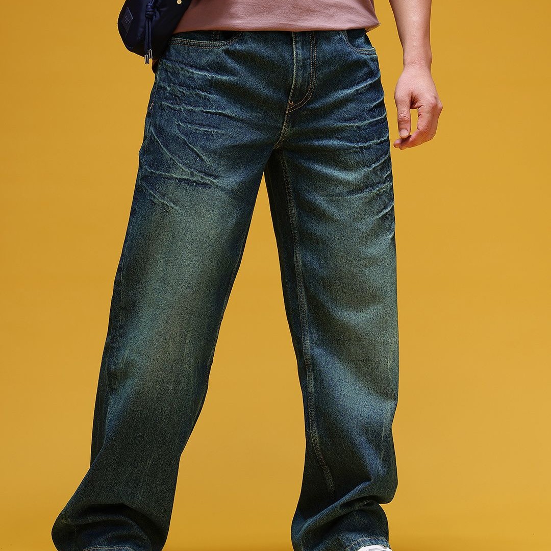 HERE&NOW Men Mid-Rise Acid Wash Crinkled Light Fade Pure Cotton Baggy Fit Jeans