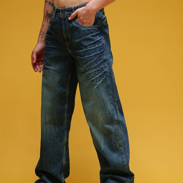HERE&NOW Men Mid-Rise Acid Wash Crinkled Light Fade Pure Cotton Baggy Fit Jeans