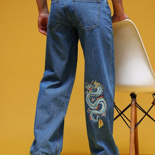 HERE&NOW Men Graphic Printed Mid-Rise Pure Cotton Baggy Fit Jeans