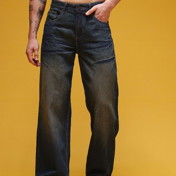 HERE&NOW Men Mid-Rise Acid Wash Crinkled Light Fade Pure Cotton Baggy Fit Jeans