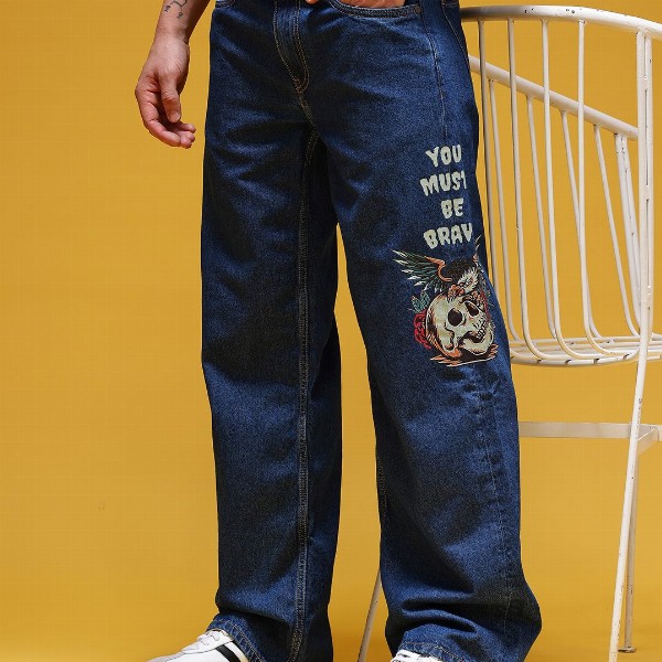 HERE&NOW Men Graphic Print Mid-Rise Pure Cotton Baggy Fit Jeans