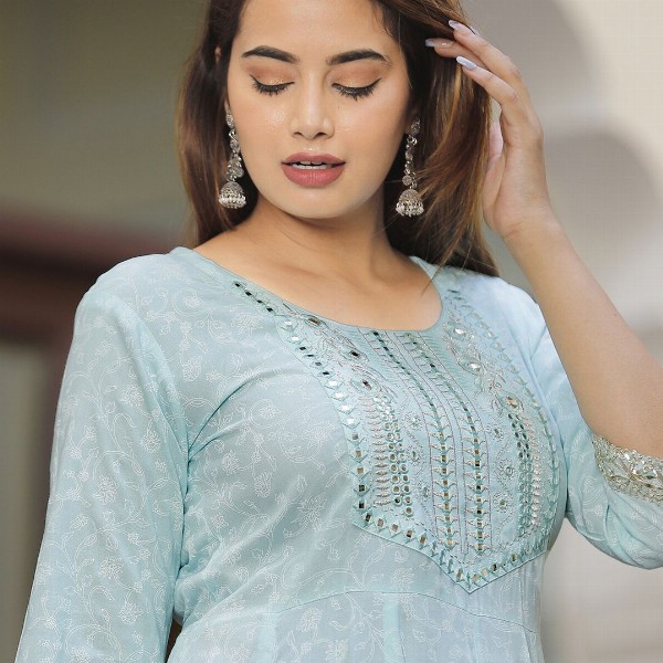 SINGNI Ethnic Motifs Printed Mirror Work Anarkali Kurta with Trousers & Dupatta