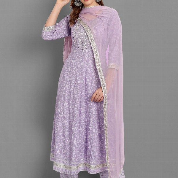 SINGNI Women Purple Ethnic Motifs Embroidered Mirror Work Kurta with Trousers & Dupatta
