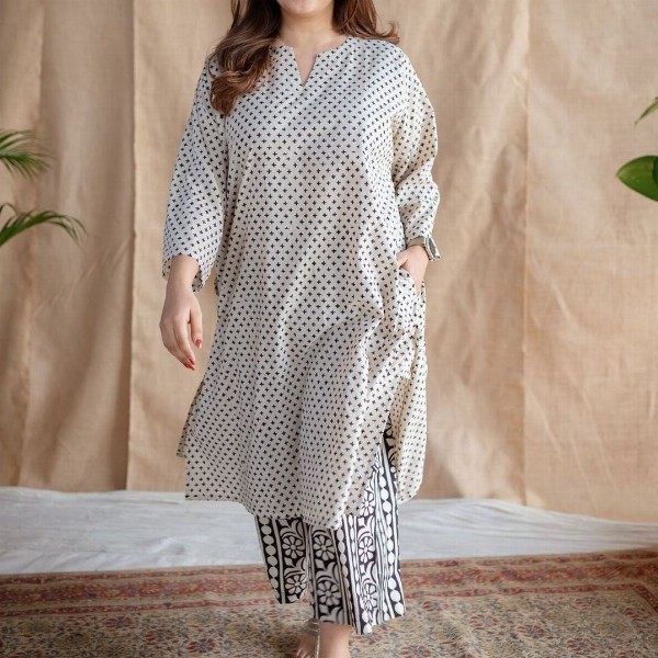 THE INDIAN ETHNIC CO Women Geometric Printed Thread Work Block Print Handloom Kurta