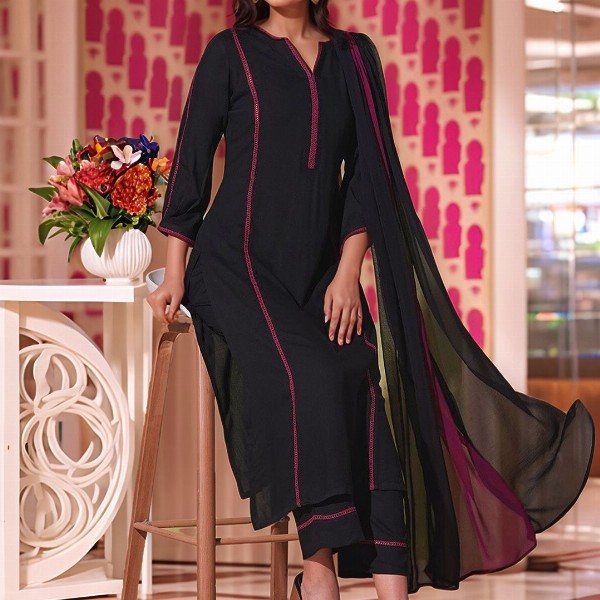 Aaghnya Women V-Neck Thread Work Straight Kurta with Palazzos & Dupatta