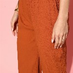 Varanga Rust Flared Sleeve Organza detailed V Neck Textured Kurta with Palazzo