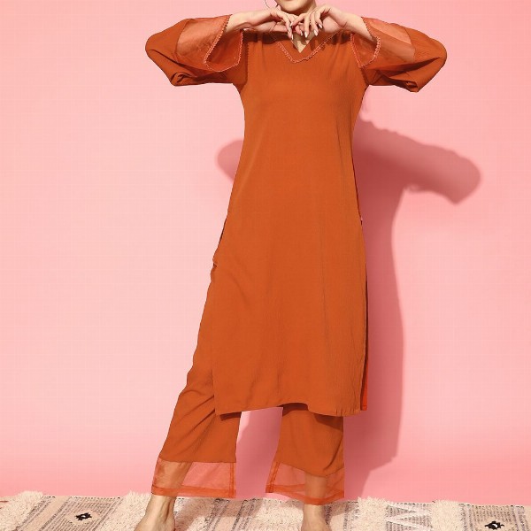 Varanga Rust Flared Sleeve Organza detailed V Neck Textured Kurta with Palazzo