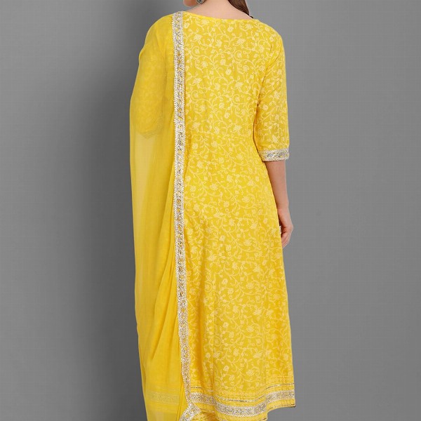 SINGNI Floral Printed Mirror Work A-Line Kurta With Trousers & Dupatta