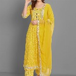 SINGNI Floral Printed Mirror Work A-Line Kurta With Trousers & Dupatta