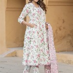 KALINI Women Floral Printed Regular Thread Work Pure Cotton Kurta with Trousers & Dupatta