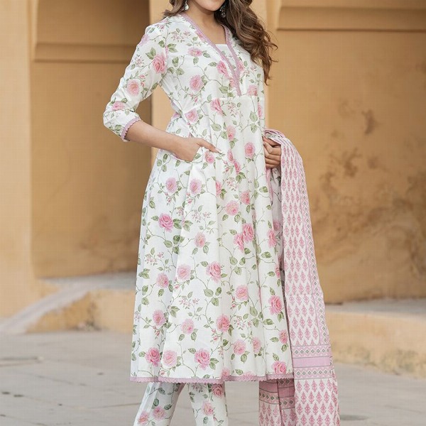 KALINI Women Floral Printed Regular Thread Work Pure Cotton Kurta with Trousers & Dupatta