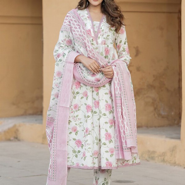 KALINI Women Floral Printed Regular Thread Work Pure Cotton Kurta with Trousers & Dupatta