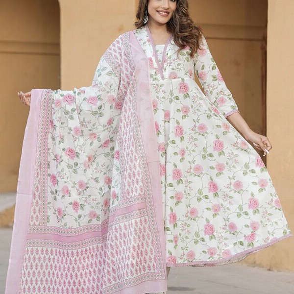 KALINI Women Floral Printed Regular Thread Work Pure Cotton Kurta with Trousers & Dupatta
