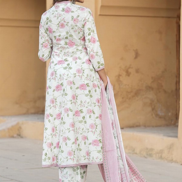 KALINI Women Floral Printed Regular Thread Work Pure Cotton Kurta with Trousers & Dupatta
