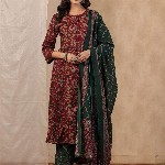 Sangria Floral Printed Pure Cotton Straight Kurta With Trouser & Dupatta