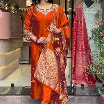 KALINI Floral Embroidered Notch Neck Art Silk Straight Kurta With Trousers And Dupatta