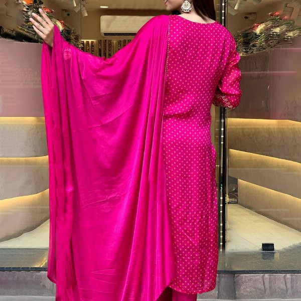 GoSriKi Bandhani Printed Sequinned Embroidery Work Kurta with Trousers & Dupatta