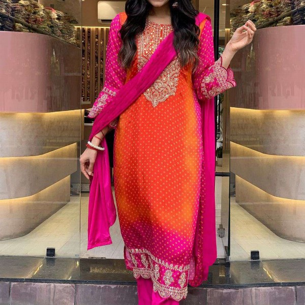 GoSriKi Bandhani Printed Sequinned Embroidery Work Kurta with Trousers & Dupatta