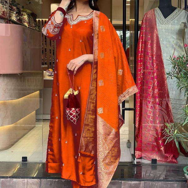 KALINI Floral Embroidered Notch Neck Art Silk Straight Kurta With Trousers And Dupatta