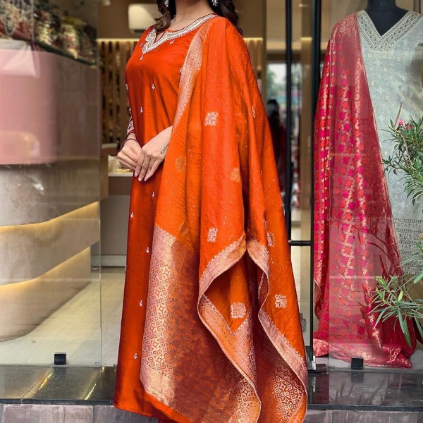 KALINI Floral Embroidered Notch Neck Art Silk Straight Kurta With Trousers And Dupatta