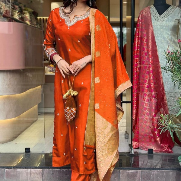 KALINI Floral Embroidered Notch Neck Art Silk Straight Kurta With Trousers And Dupatta