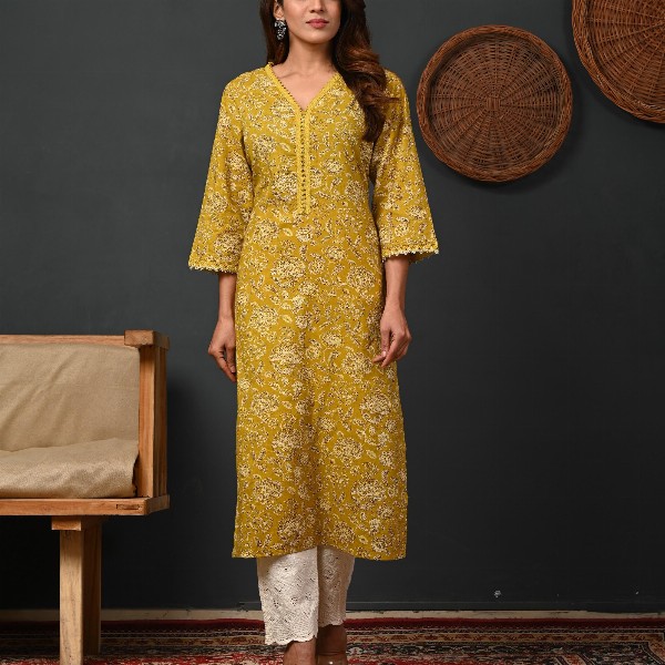 Rimeline Floral Printed V-Neck Pure Cotton Straight Kurtas