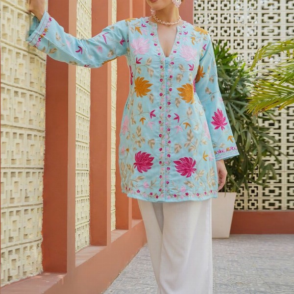 HOUSE OF KARI Women Ethnic Motifs Embroidered Flared Sleeves Cotton A-Line Kurta