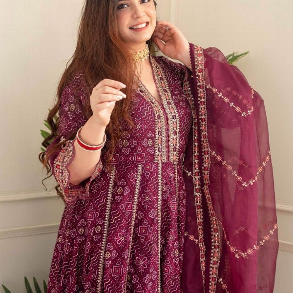 KALINI Ethnic Motif Printed Embroidered Panelled A-Line Kurta with Trousers & Dupatta