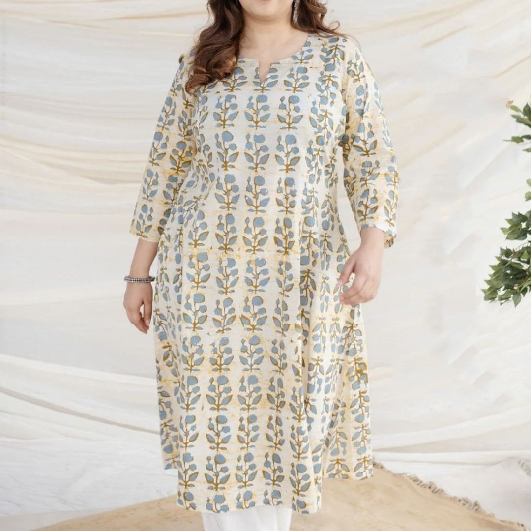 THE INDIAN ETHNIC CO White Ajrakh Cotton Kali Kurta