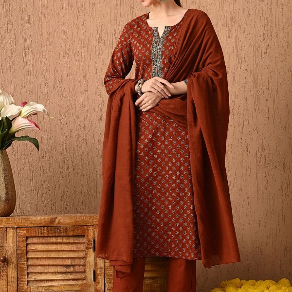 Anouk Women Floral Printed Regular Pure Cotton Kurta with Trousers & With Dupatta