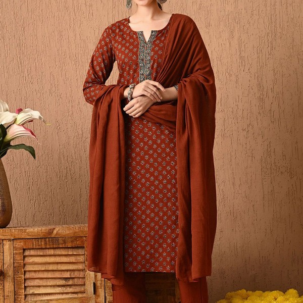 Anouk Women Floral Printed Regular Pure Cotton Kurta with Trousers & With Dupatta